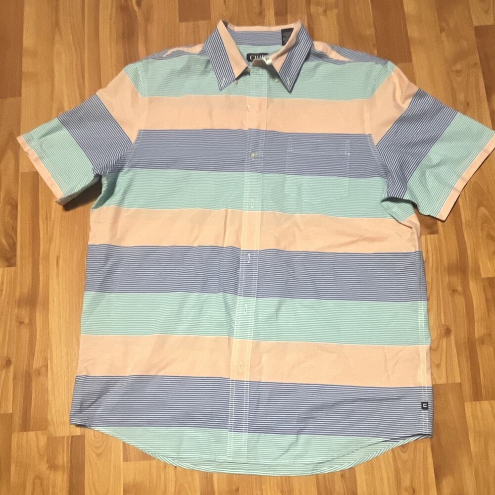 Chaps Men's XL Blue Green Pink Striped Woven Cotton Easy Care Shirt SS